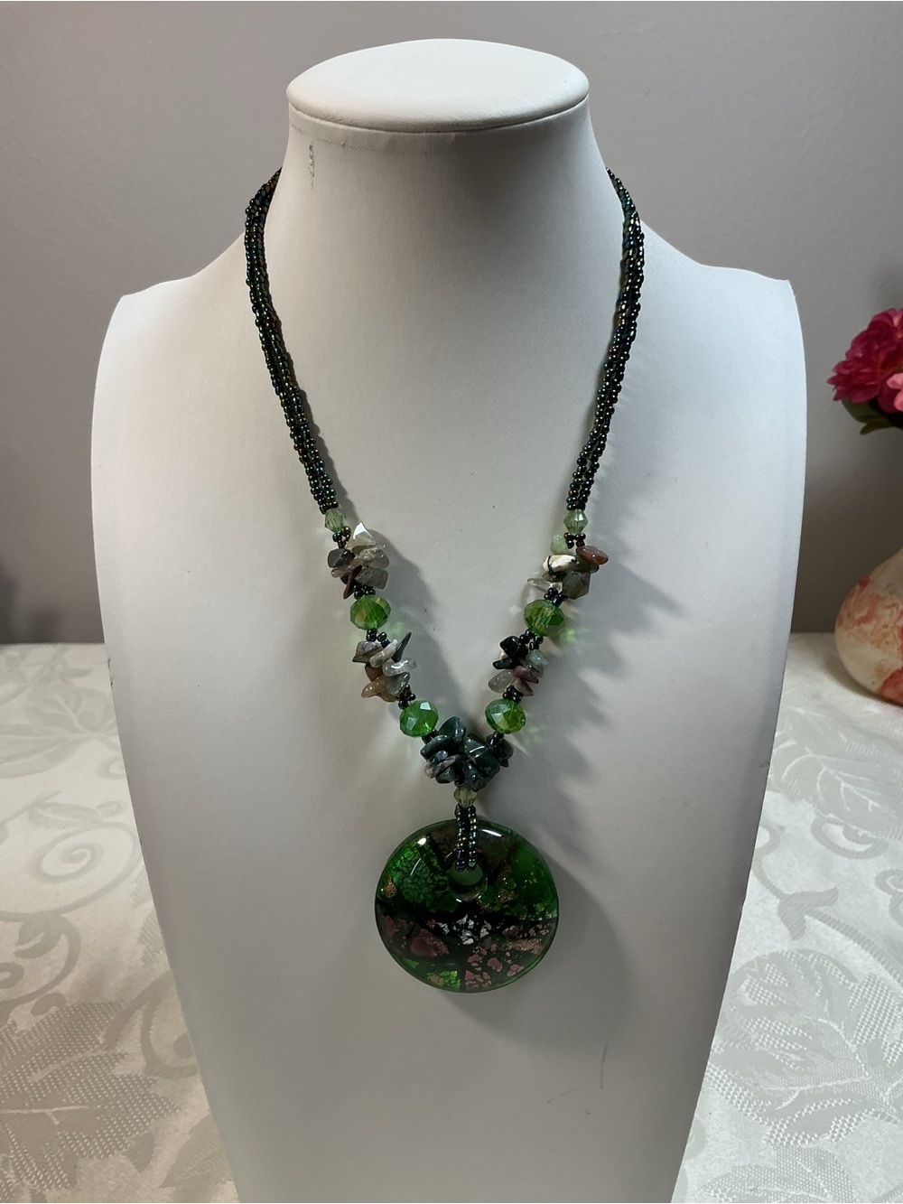 Green Dichroic Foil Glass Donut Gemstone & Seed Bead Silver Tone Pendant Necklac